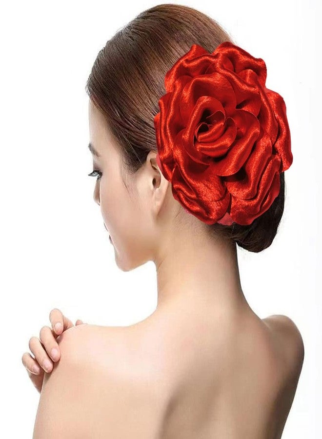 Backgarden Satin 6" Large Red Flower Hair Clip Pin Brooch for Flamenco Spanish Bull Mexican Dance Performance Music Party Photography (Red) - Image 1